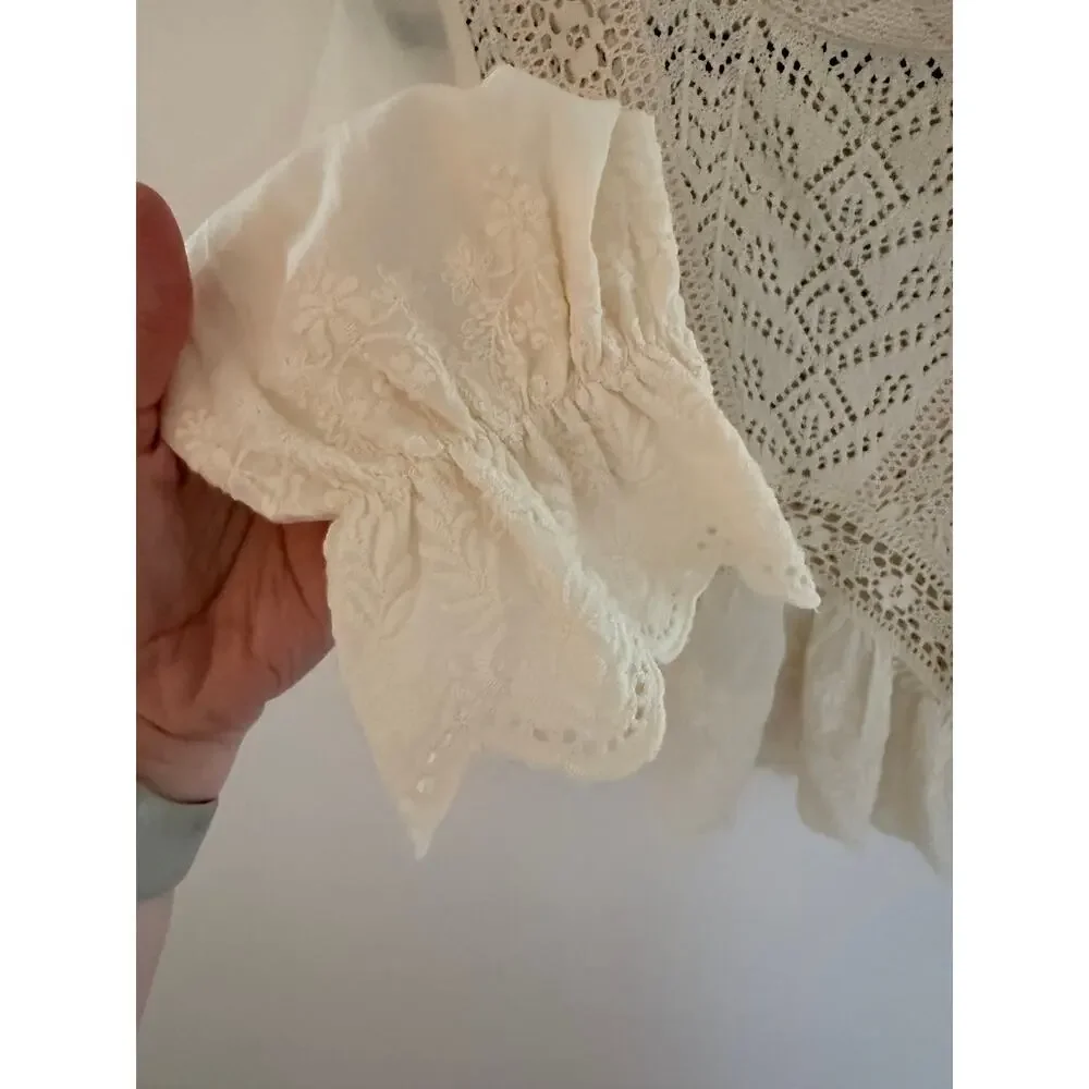 Zara Cream Knit Crochet Lace Scalloped Hem Long Sleeve Top-Size Small